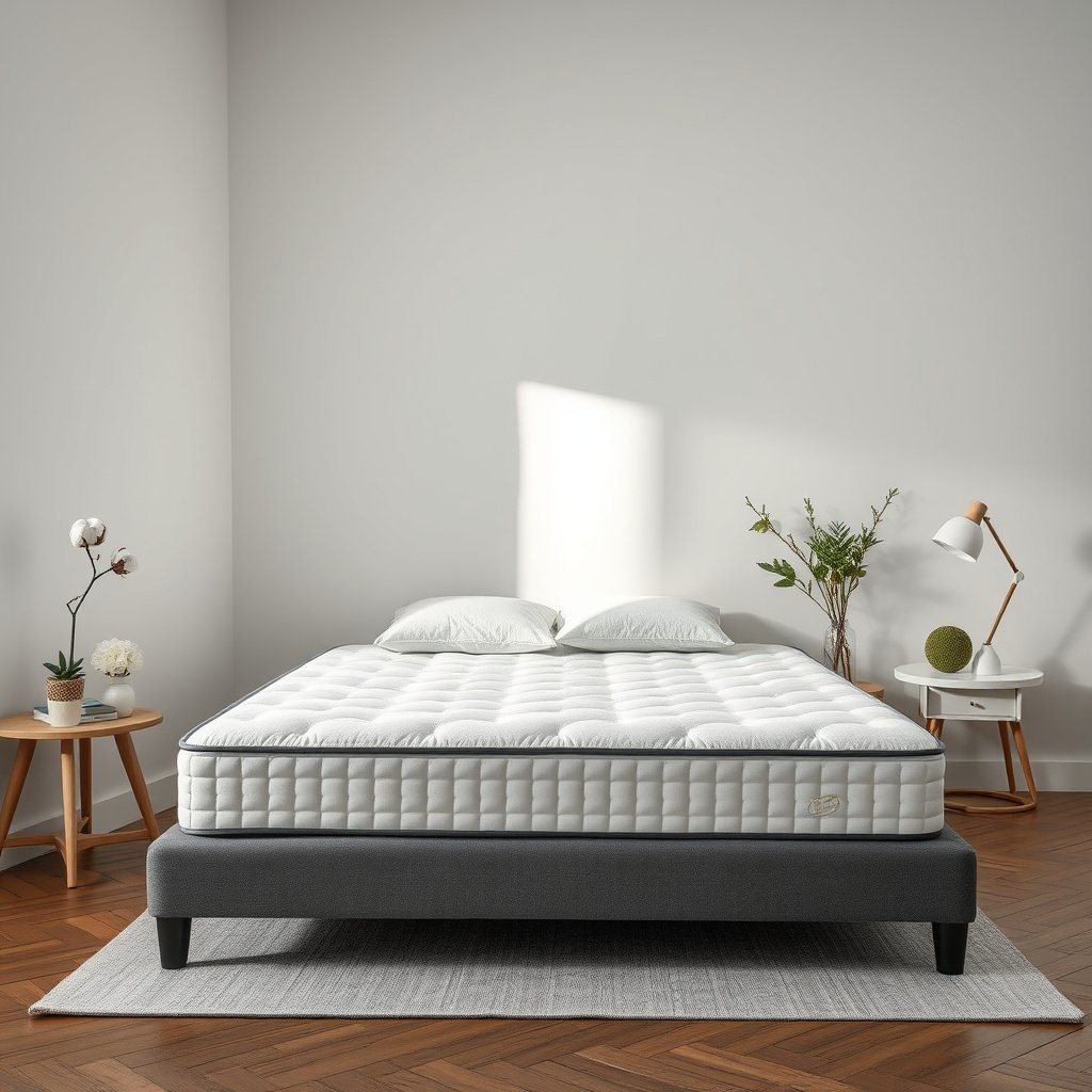 A cotton mattress protected by an allergen-proof encasement in a small apartment bedroom
