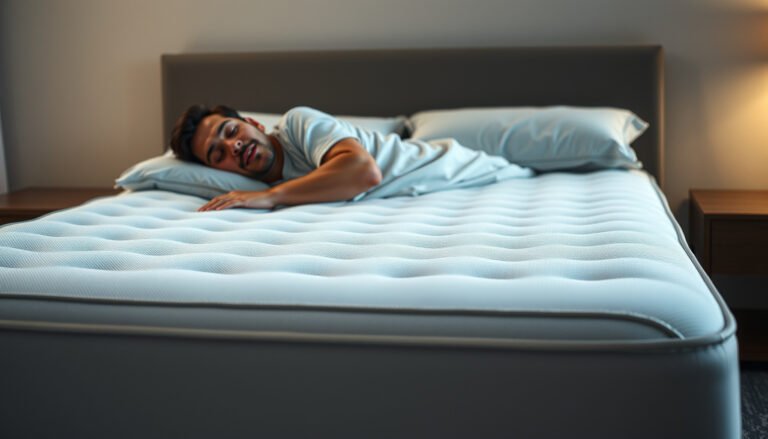 A heavy person testing a cooling mattress to reduce snoring while sleeping.