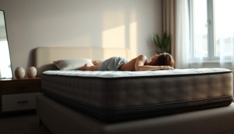 A back sleeper testing a firm mattress, ideal for snorers seeking comfort and support.
