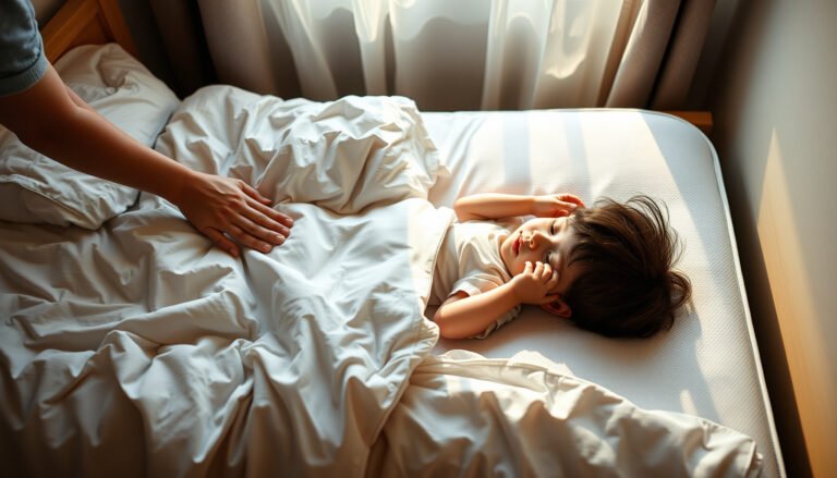 A child sleeping on a cooling mattress, ideal for kids with allergies.