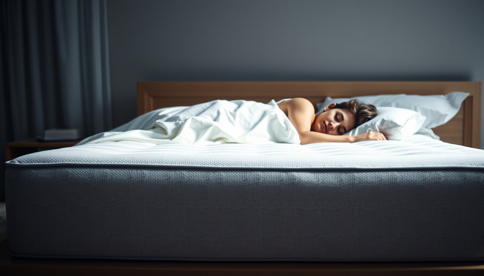 A side sleeper testing a firm mattress, ideal for those with hot flashes.