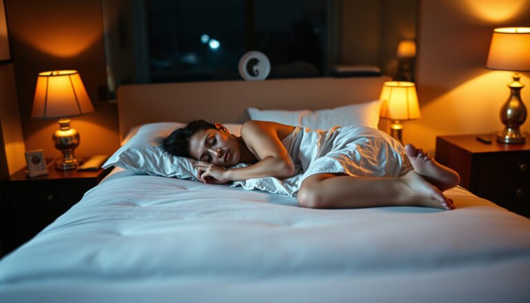 A side sleeper testing a firm mattress to reduce snoring and improve sleep quality.