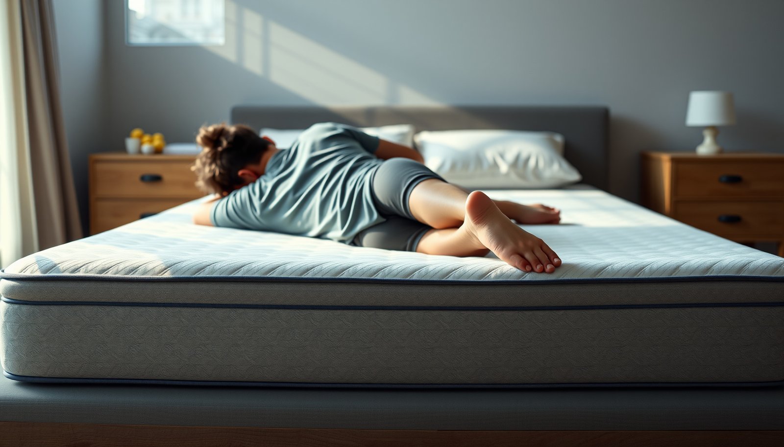 A back sleeper testing a latex mattress, ideal for those with allergies.