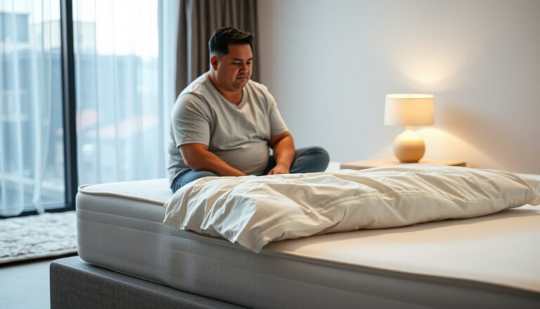 A person examining a latex mattress, focusing on comfort for heavy individuals with joint pain.