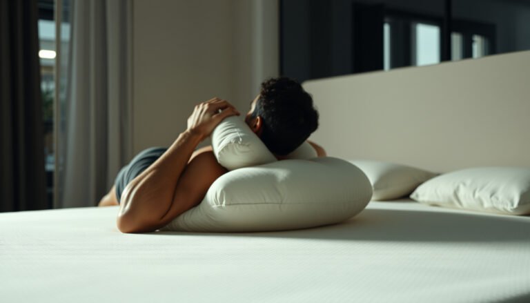 A person testing a latex mattress designed for heavy individuals with neck pain.