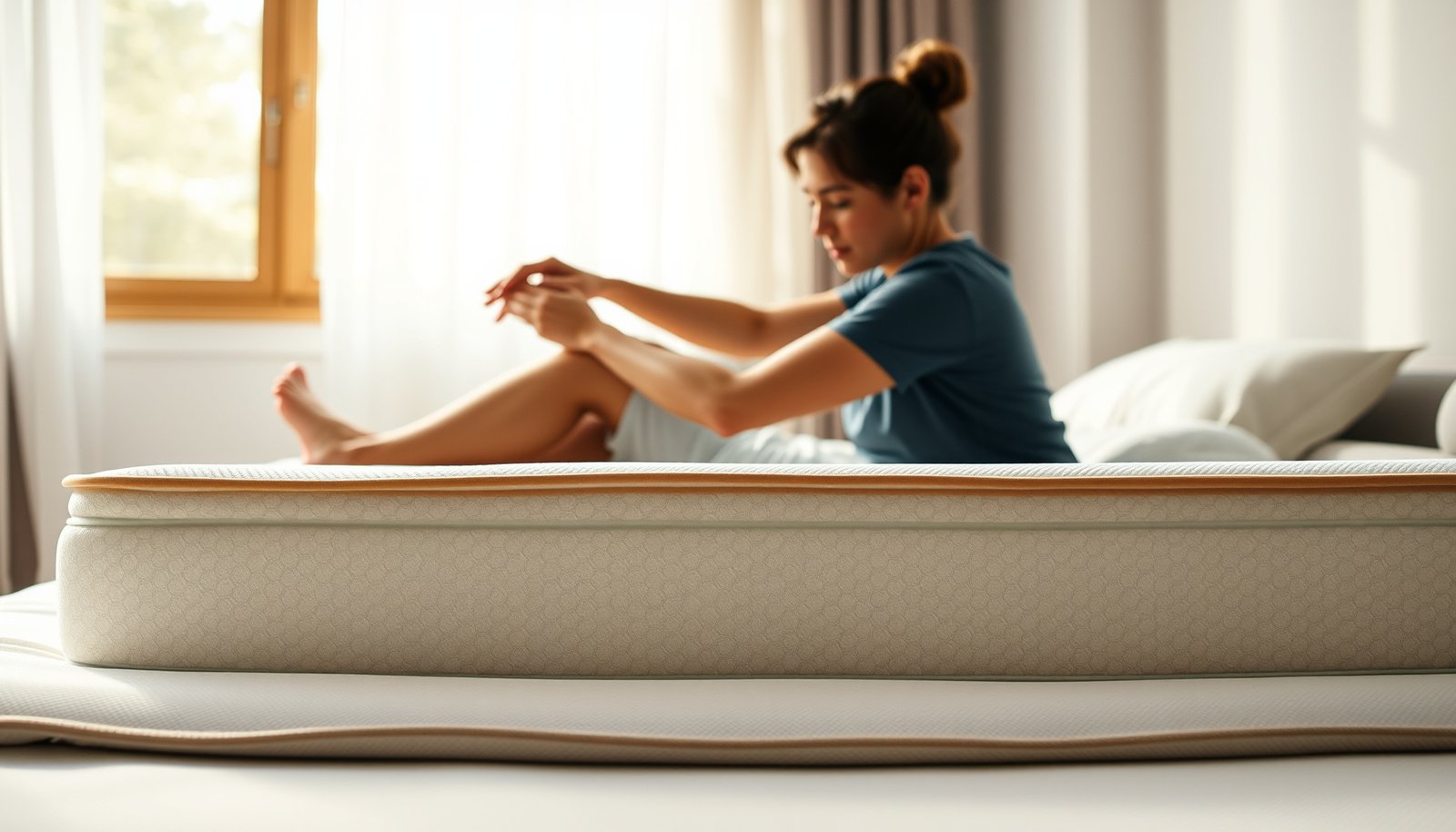 A person testing a latex mattress, focusing on support for combination sleepers with scoliosis.