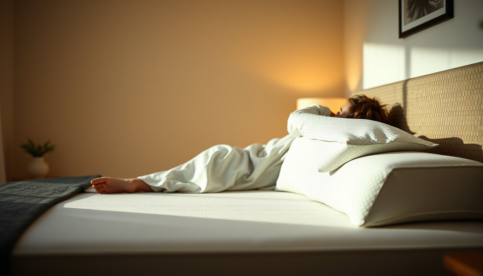 A side sleeper testing a latex mattress, ideal for asthma sufferers.