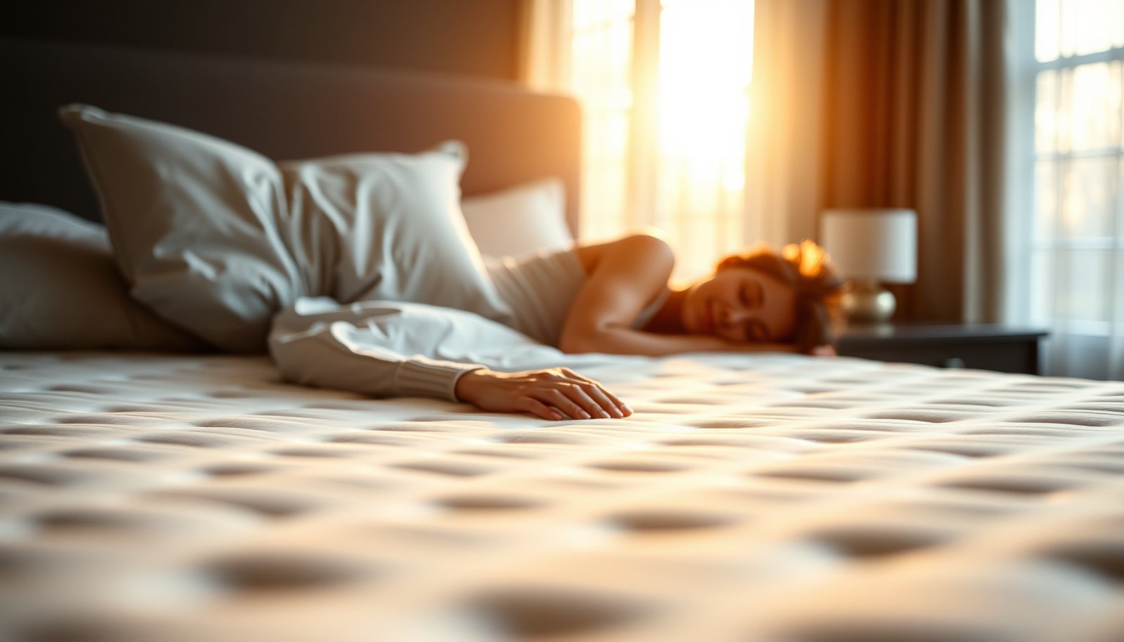 A side sleeper testing a memory foam mattress suitable for acid reflux relief.
