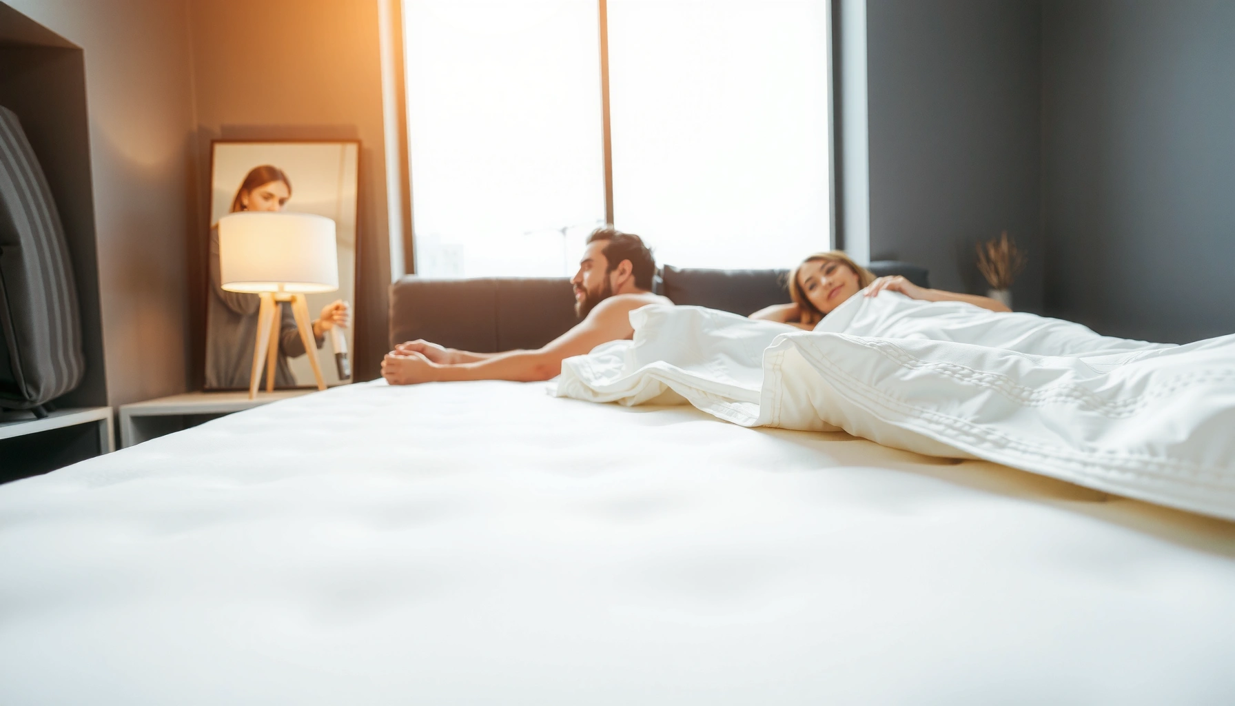 Couples selecting a memory foam mattress suitable for different sleep temperatures.