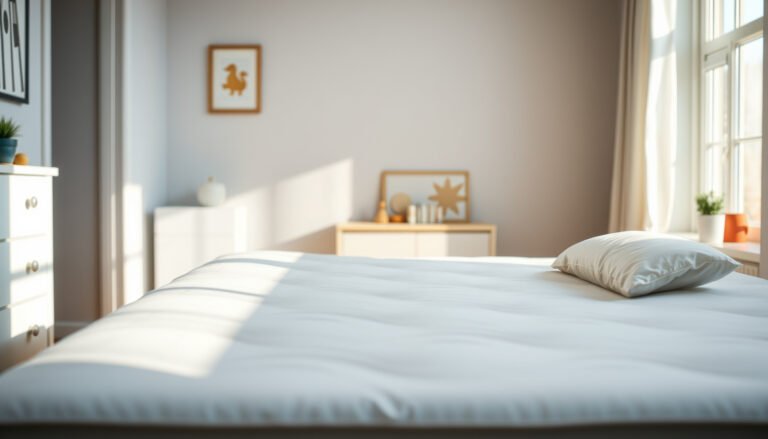 A child testing a memory foam mattress suitable for sensitive skin.