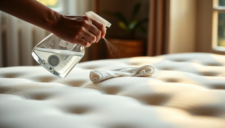 A person cleaning a latex mattress using natural cleaners and tools for effective maintenance.
