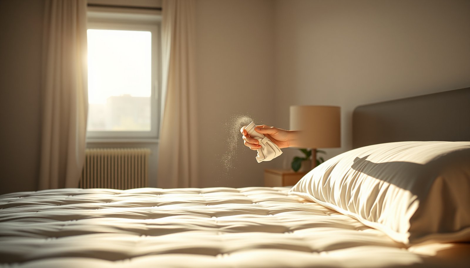 A person cleaning a pillow-top mattress with natural odor eliminators for a fresh sleep environment.