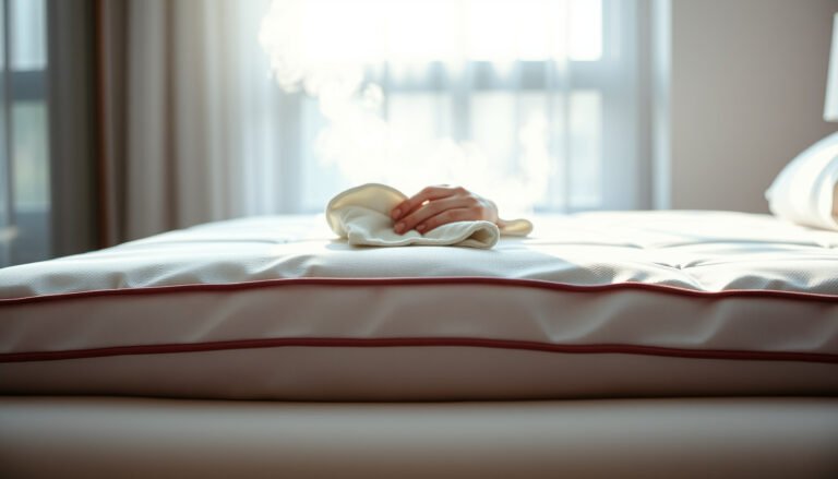 A person cleaning a pillow-top mattress stained with sweat spills using natural methods