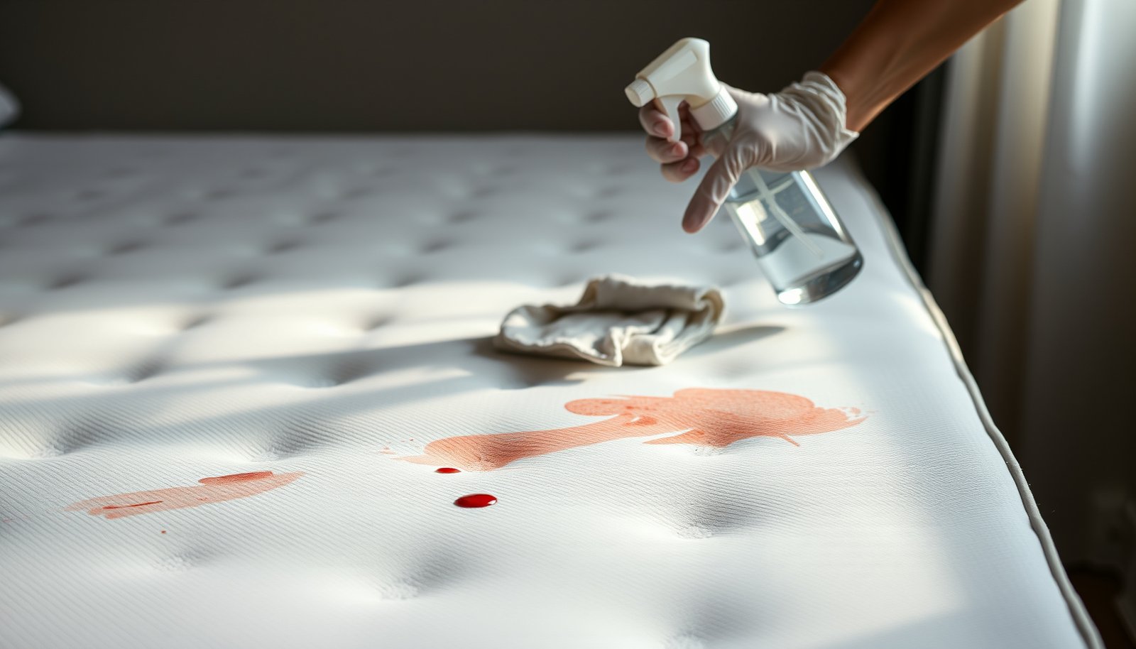 A person cleaning a memory foam mattress with blood stains using safe methods and products.