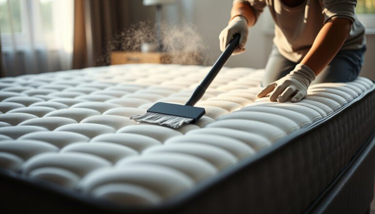A person cleaning a gel-infused mattress to remove pet dander naturally with eco-friendly products.