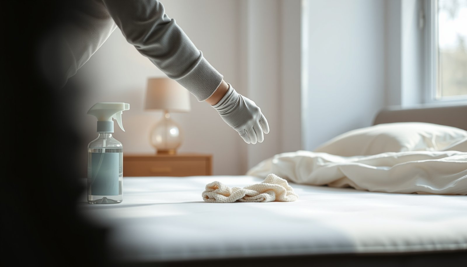 A person cleaning a gel-infused mattress to remove sweat odors naturally.