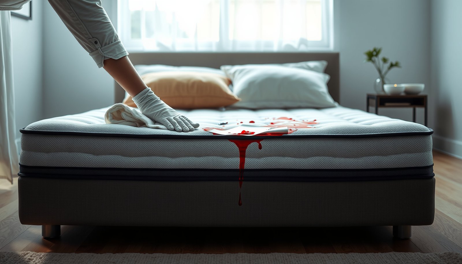 A person cleaning a hybrid mattress stained with blood spills using natural methods.