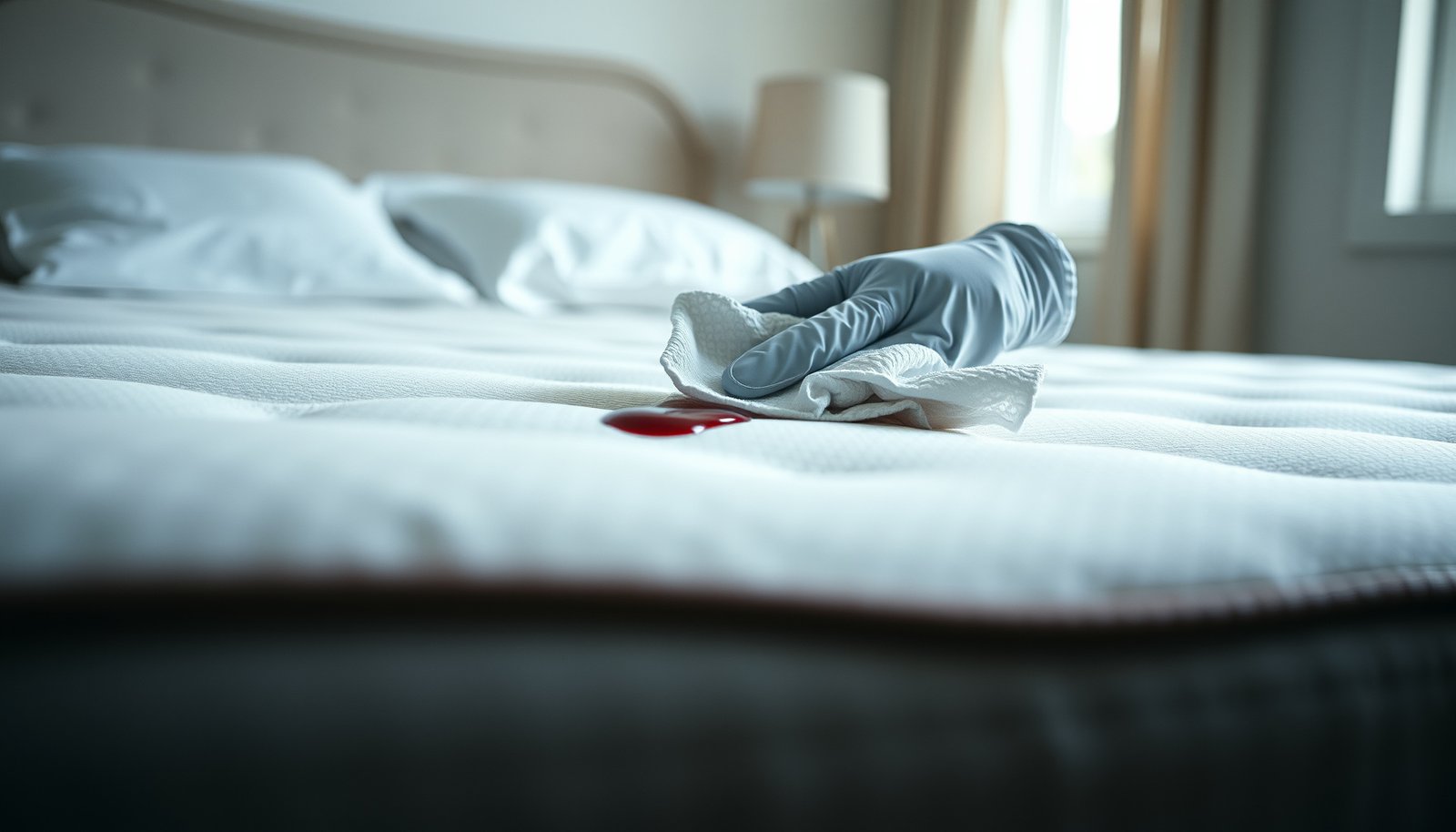 Step-by-step guide on cleaning blood spills from a hybrid mattress.