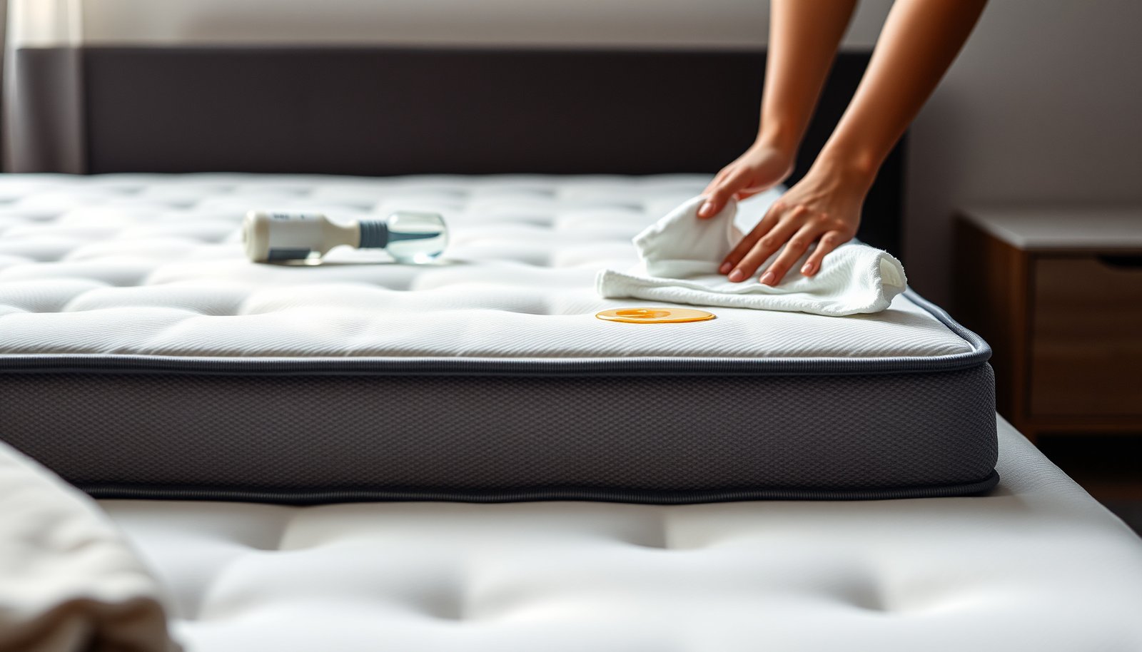 Step-by-step guide on cleaning a hybrid mattress with food residue effectively.