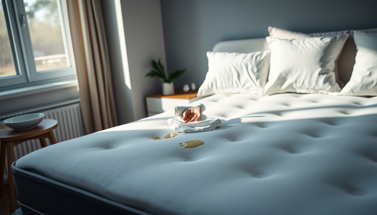 A person cleaning a hybrid mattress stained with makeup spills using a cloth and cleaning solution.