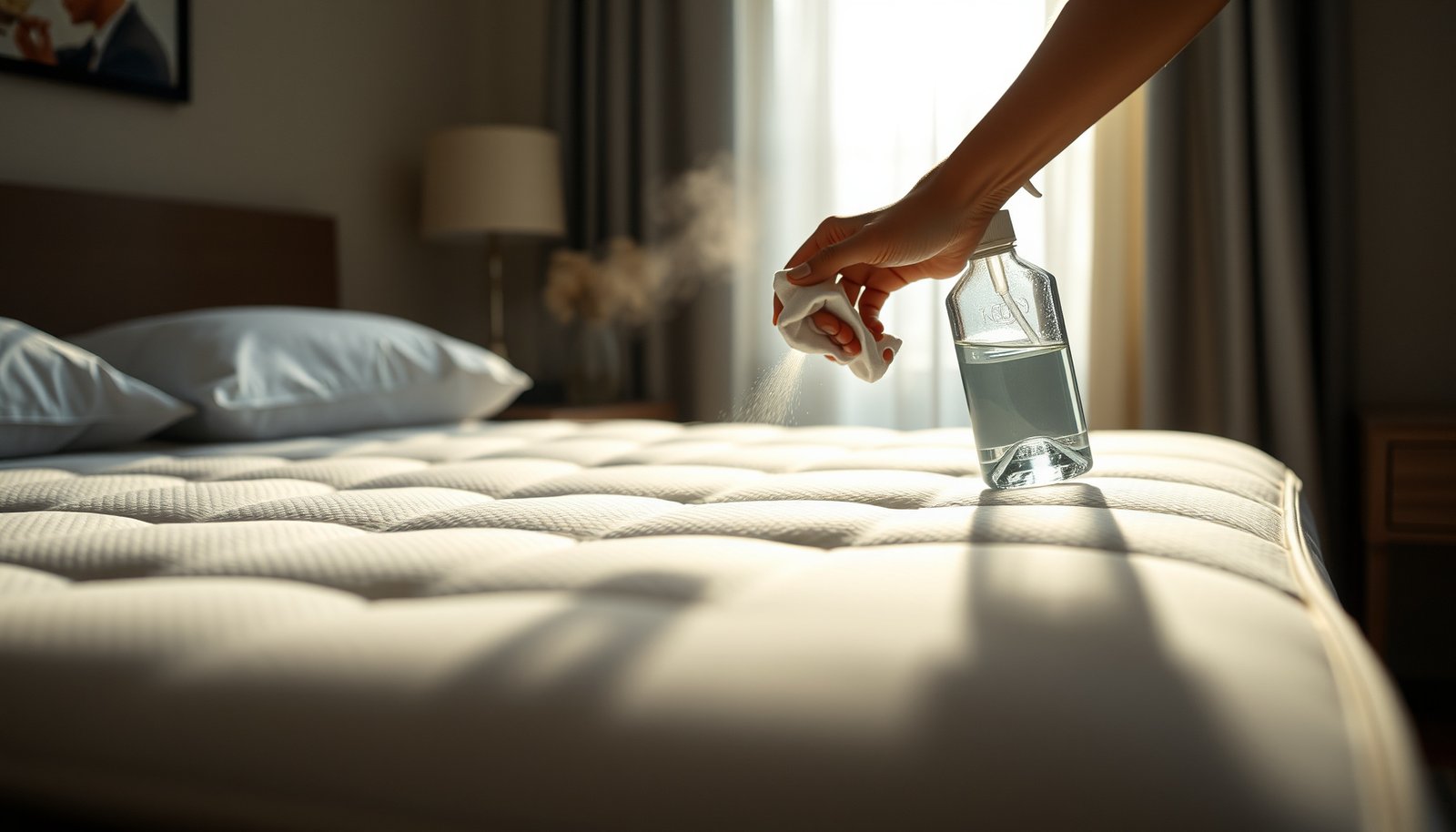A person cleaning a hybrid mattress to remove juice odors using natural methods.