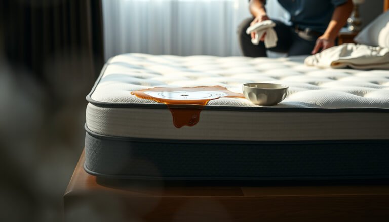 A person cleaning a hybrid mattress stained with coffee spills using natural methods.