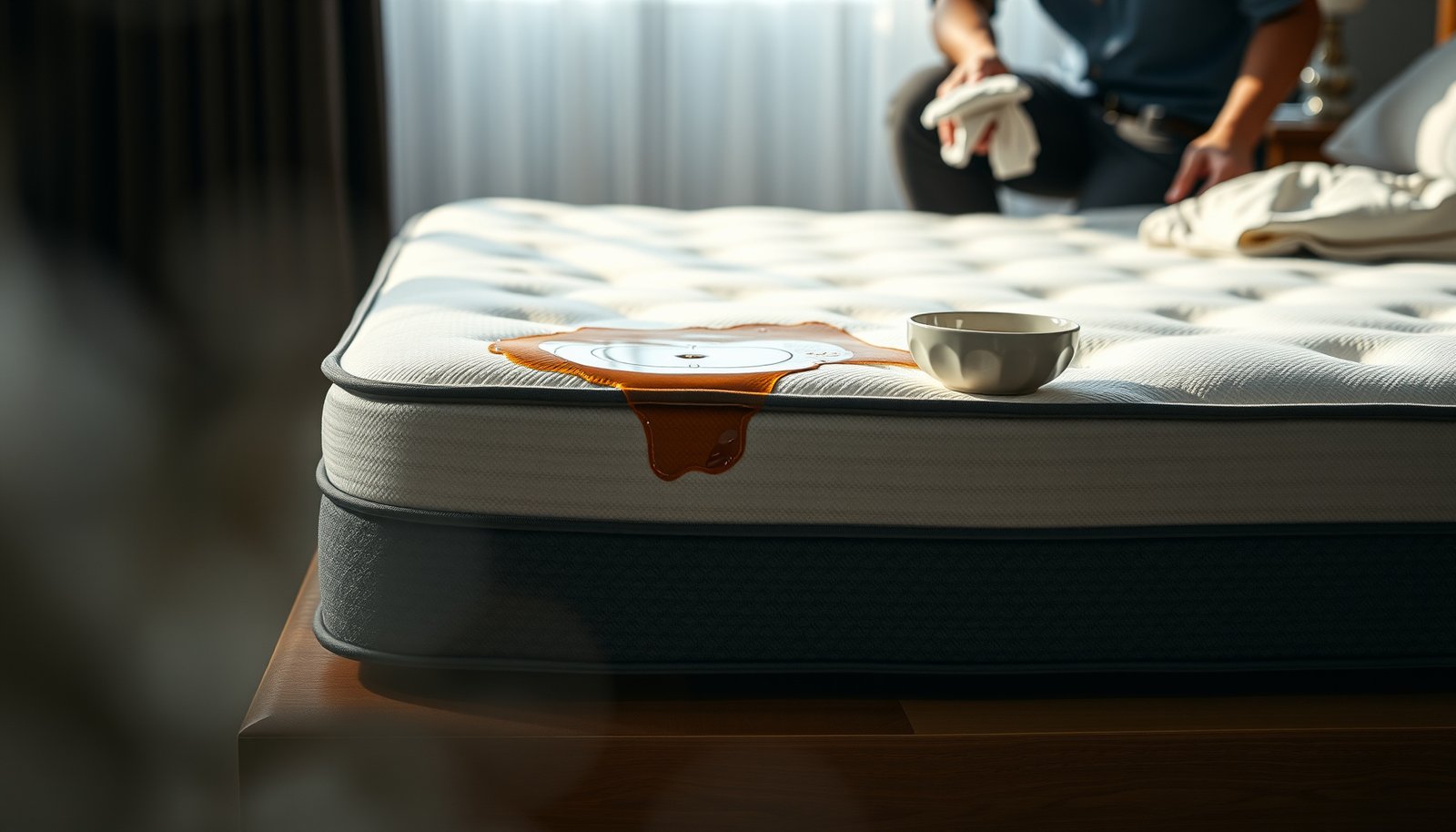 A person cleaning a hybrid mattress stained with coffee spills using natural methods.