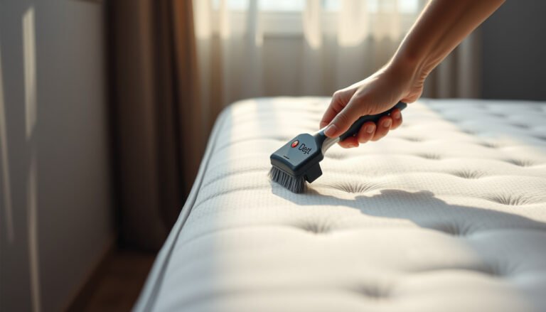 A person cleaning a hybrid mattress to remove pet hair buildup using a vacuum cleaner.