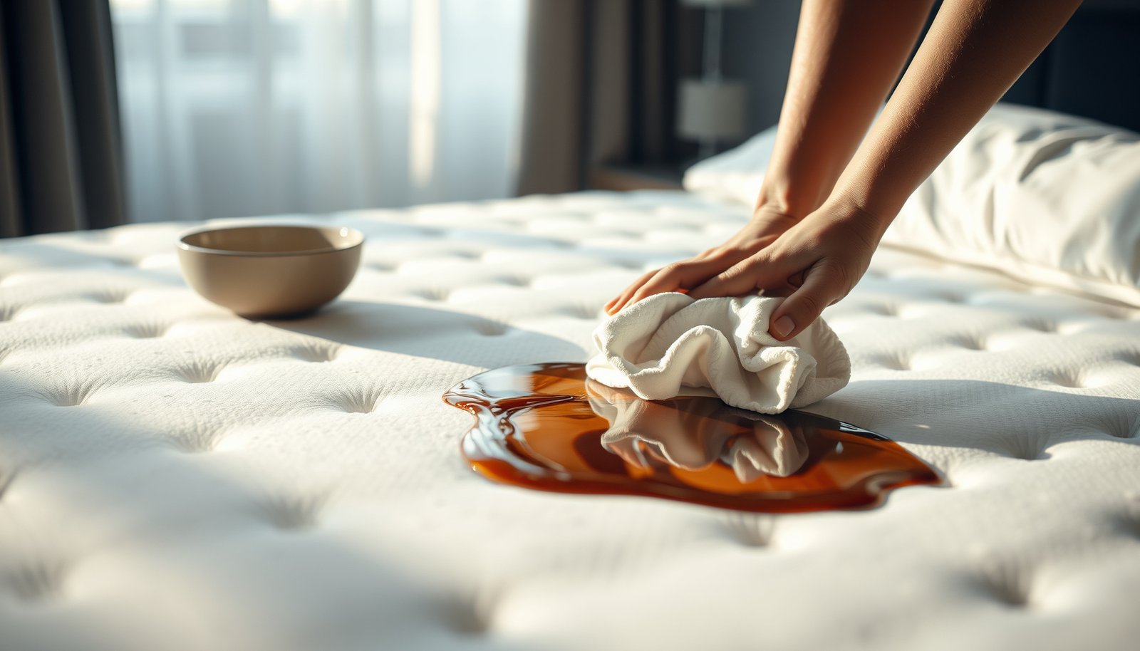 A person cleaning a latex mattress stained with coffee spills using natural methods.