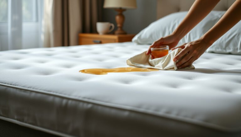 A person cleaning a latex mattress stained with juice using natural methods.