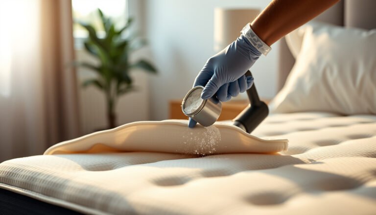 A person cleaning a memory foam mattress to remove pet dander odors effectively.