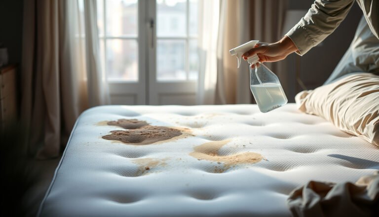 A person cleaning a memory foam mattress with mold stains using a spray cleaner and cloth.