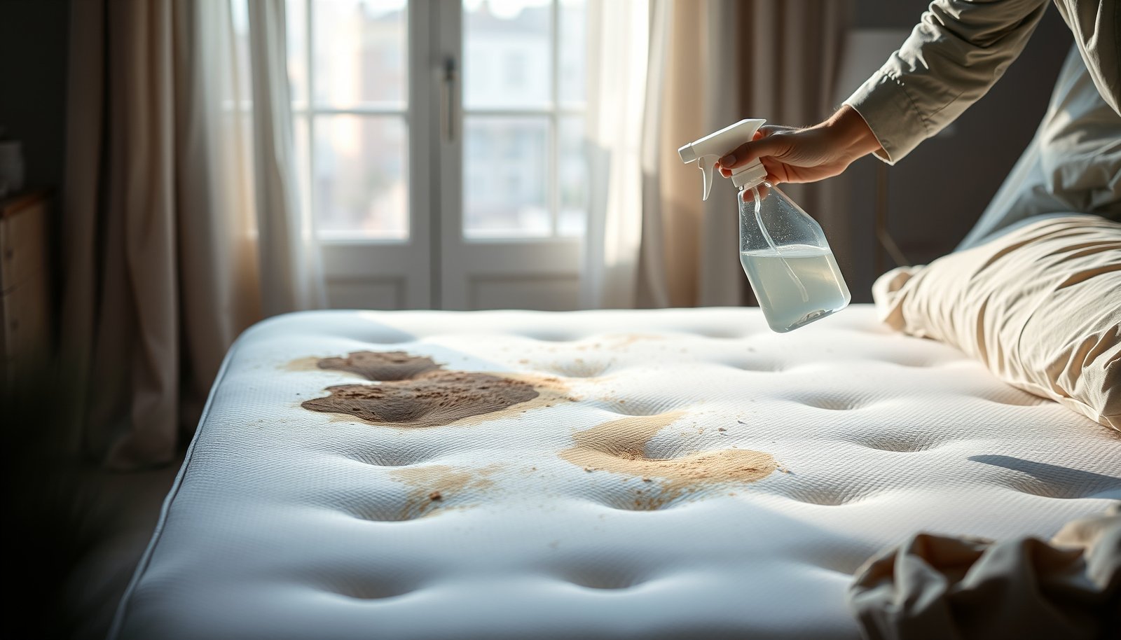 A person cleaning a memory foam mattress with mold stains using a spray cleaner and cloth.