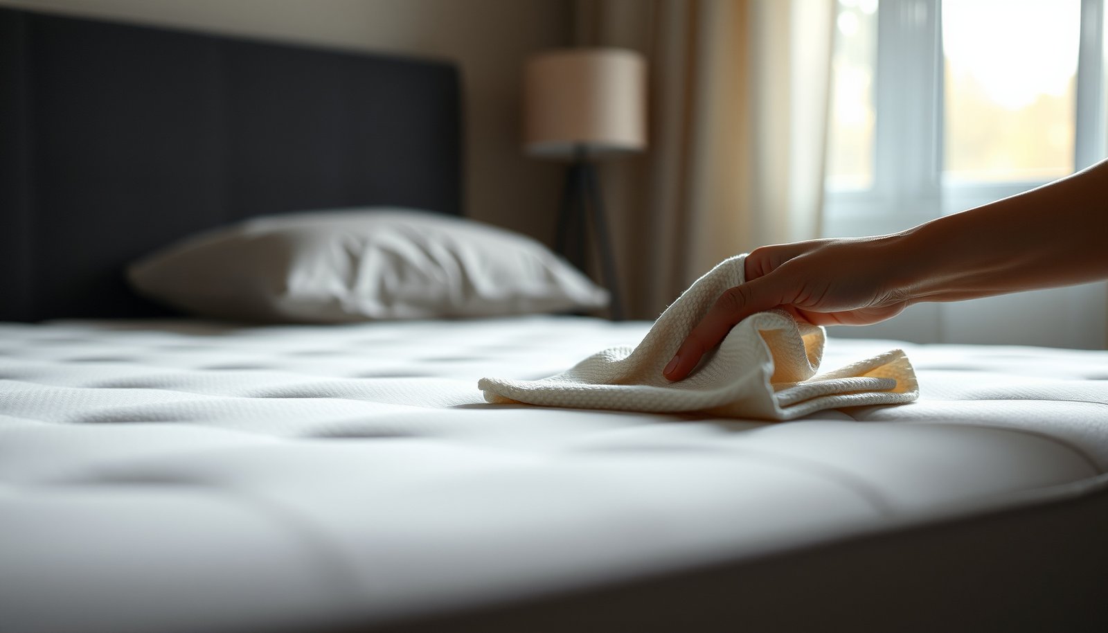 A person cleaning a memory foam mattress stained with sweat using natural methods.