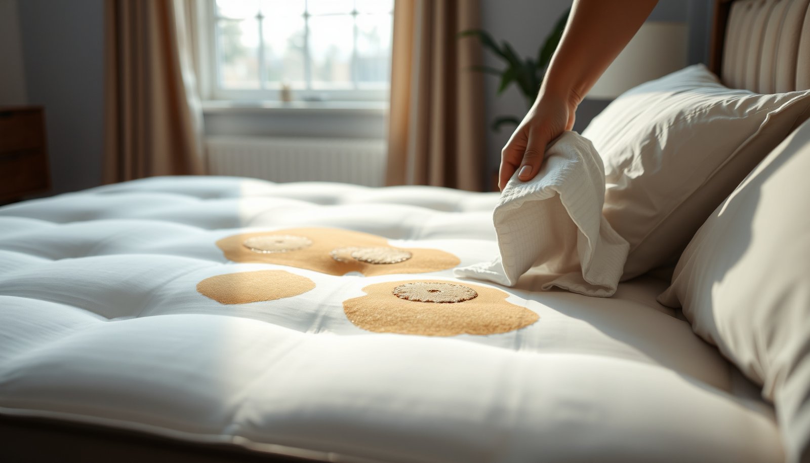 A person cleaning a pillow-top mattress stained with coffee using natural methods.