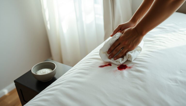 A person cleaning a pillow-top mattress with natural methods to remove blood stains.