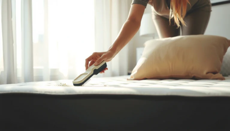 A person cleaning a pillow-top mattress, removing pet hair safely and effectively.
