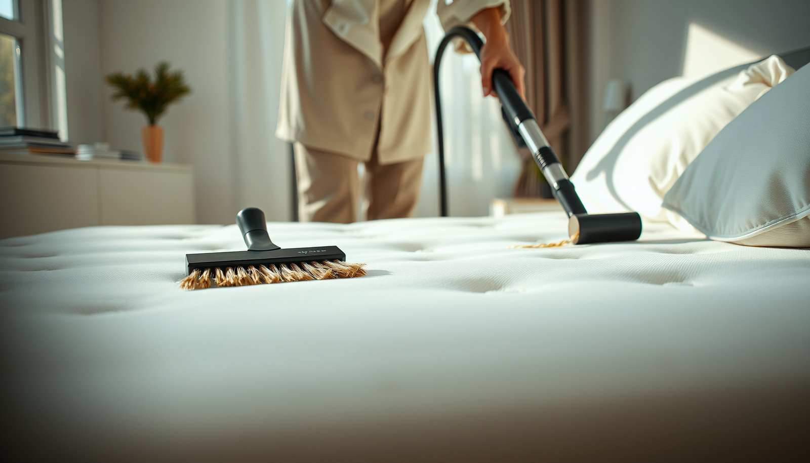 A person cleaning a pillow-top mattress to remove pet hair using natural methods.