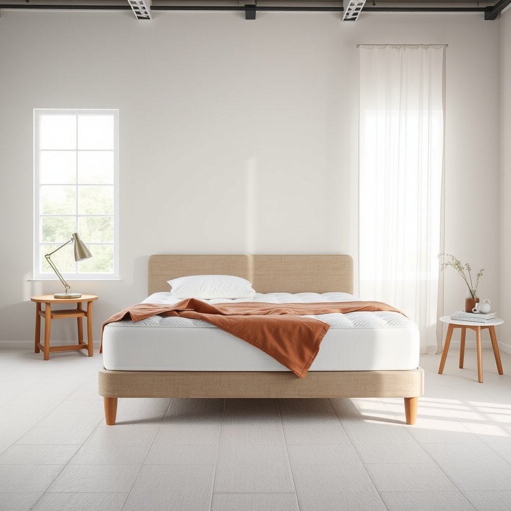 A cotton mattress with protective cover designed to block dust mites in a small apartment.