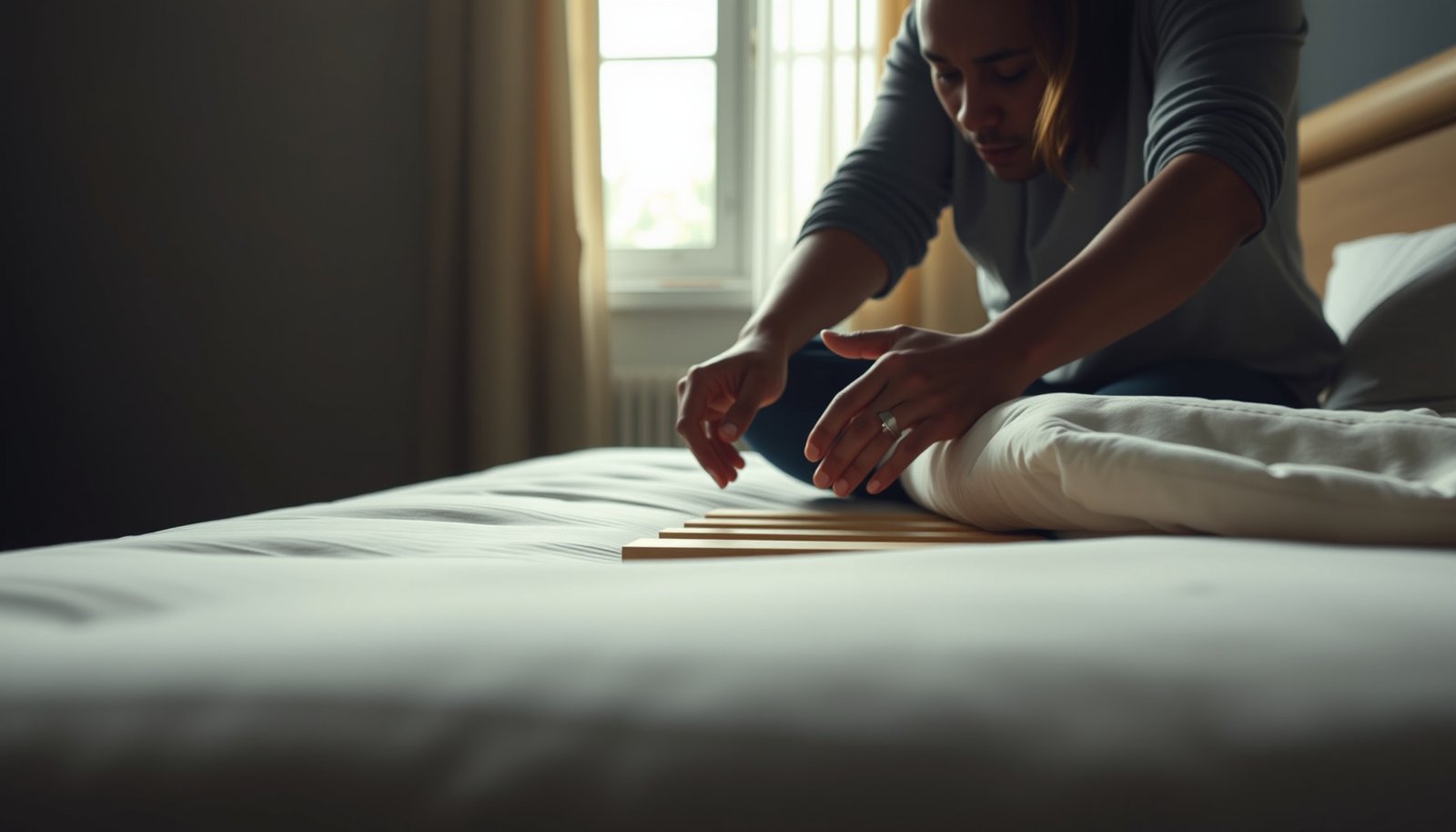 Couple fixing a sagging cotton mattress with support techniques and tools.