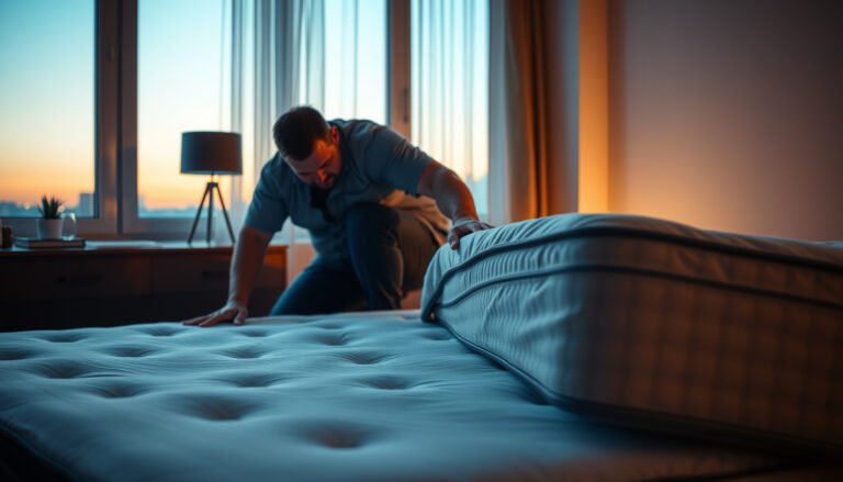 A heavy person adjusting a sagging hybrid mattress for better support and comfort.
