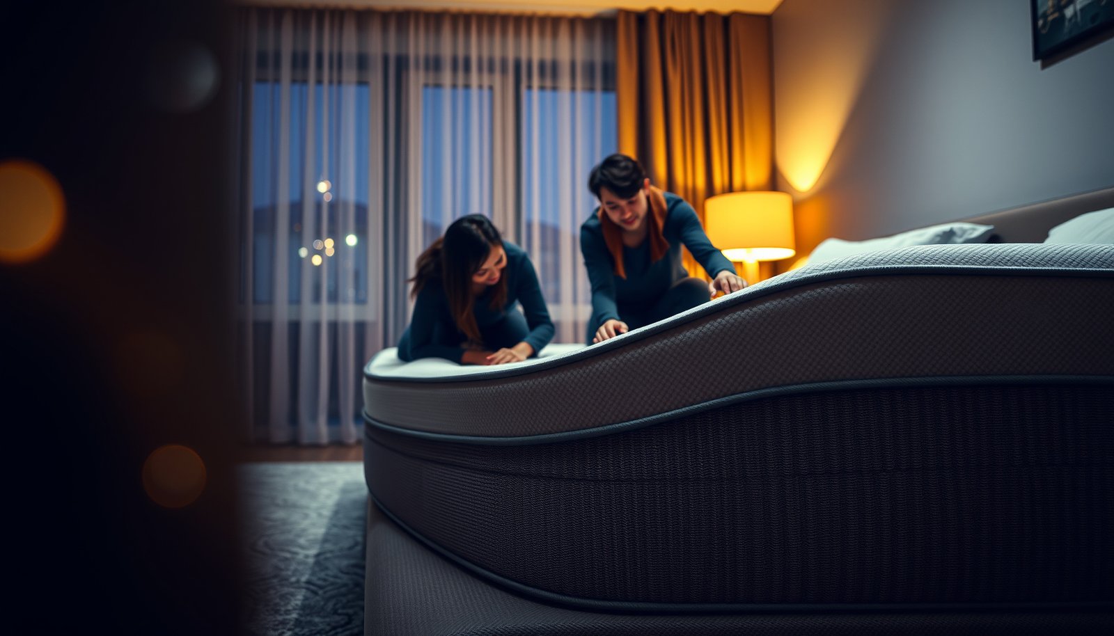Couple repairing a sagging innerspring mattress for better sleep quality.