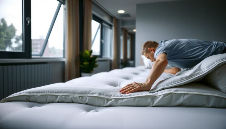 A stomach sleeper adjusting a mattress to alleviate hip pain while sleeping.