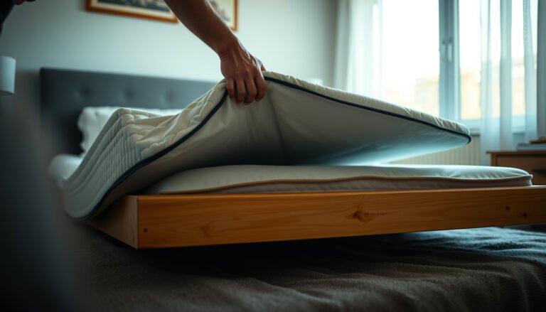A stomach sleeper adjusting a sagging innerspring mattress for better support and comfort.