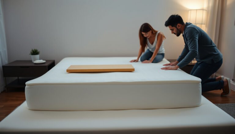 Couple working together to fix a sagging memory foam mattress with tools and materials