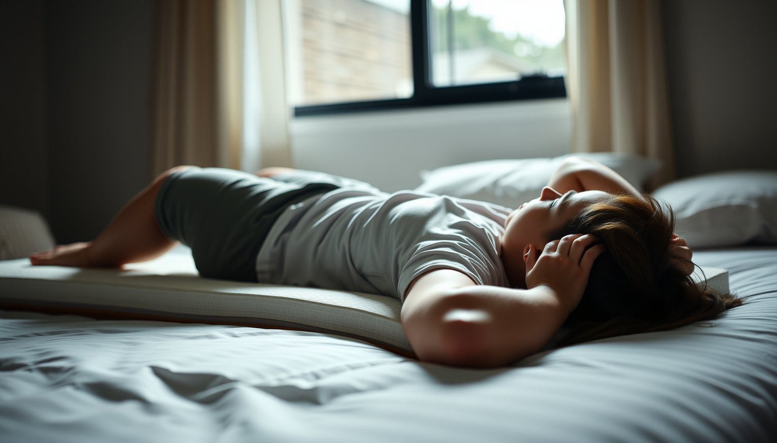 A side sleeper adjusting a mattress for scoliosis support and comfort.