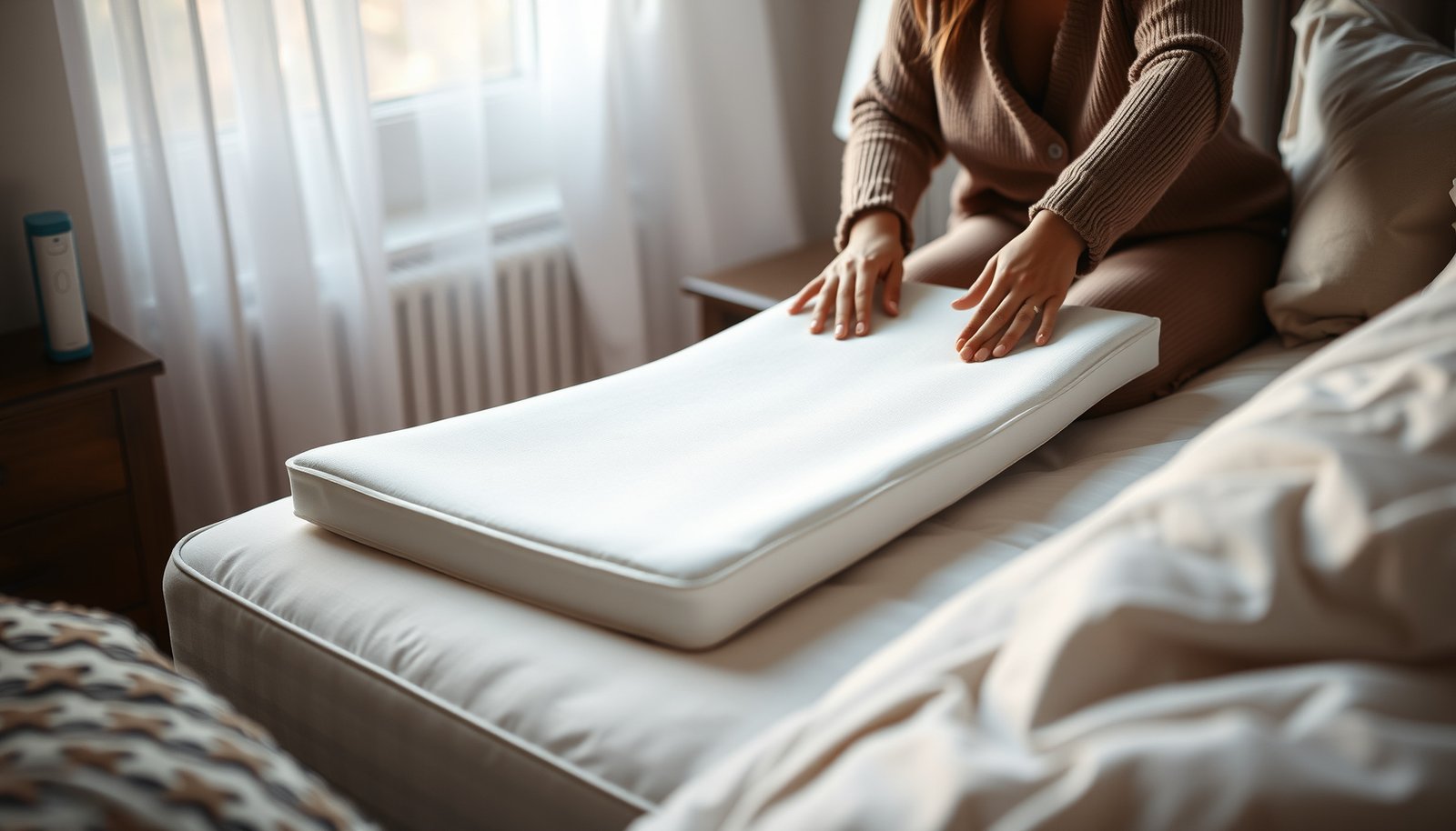 A stomach sleeper adjusting a mattress to improve comfort and support for asthma relief.