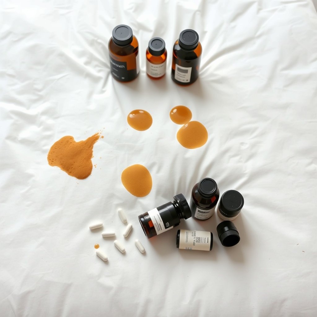 Supplies gathered for cleaning a pillow-top mattress with coffee stains, including cleaning solutions and tools.