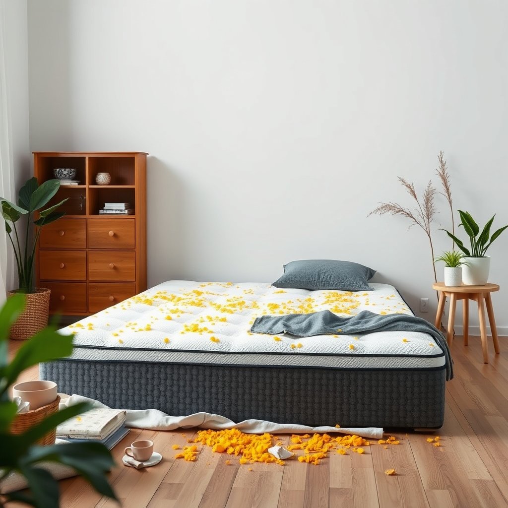 Close-up of food residue on a hybrid mattress, highlighting the area to clean and protect.