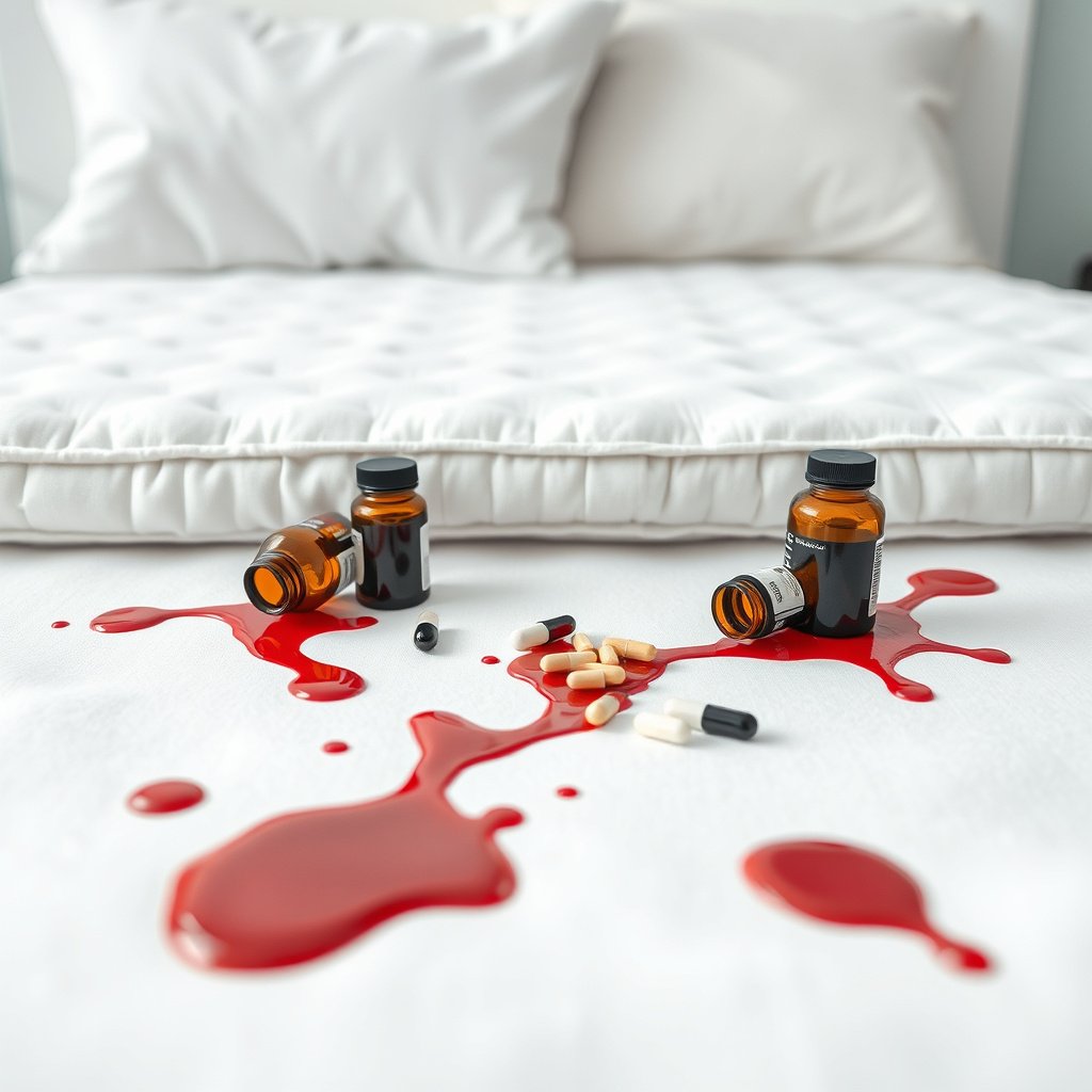 Person taking immediate safety steps after a blood spill on a hybrid mattress